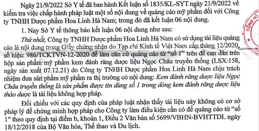 Dược phẩm Hoa Linh Hà Nam bị phạt nặng do tiếp tục vi phạm quảng cáo mỹ phẩm - ảnh 2