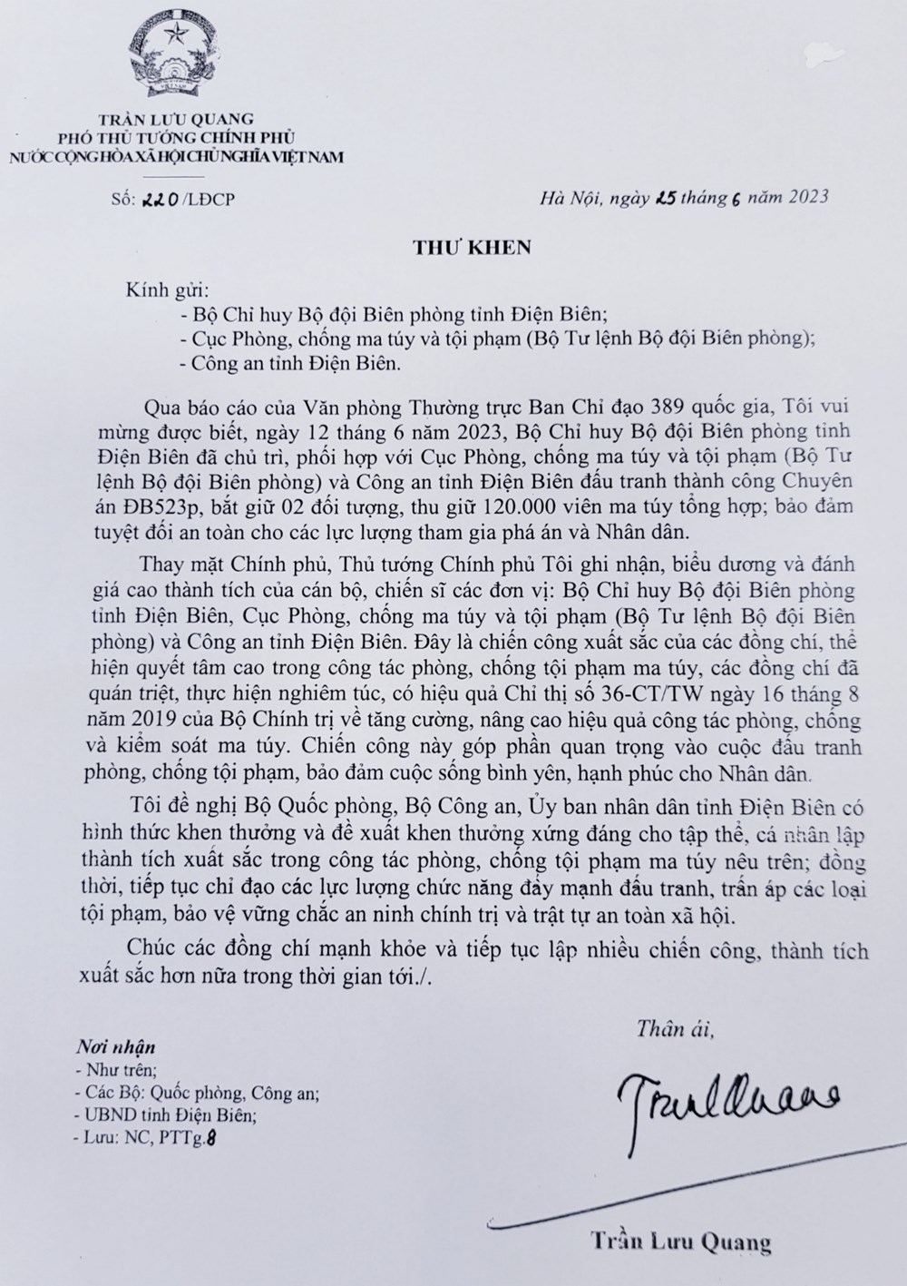 Phó Thủ tướng Chính phủ Trần Lưu Quang gửi thư khen Bộ đội Biên phòng tỉnh Điện Biên, Cục Phòng, chống ma túy và tội phạm Bộ đội Biên phòng và Công an tỉnh Điện Biên - ảnh 1
