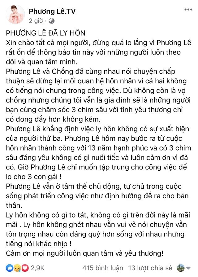Hoa hậu Phương Lê đột ngột thông báo ly hôn - ảnh 1