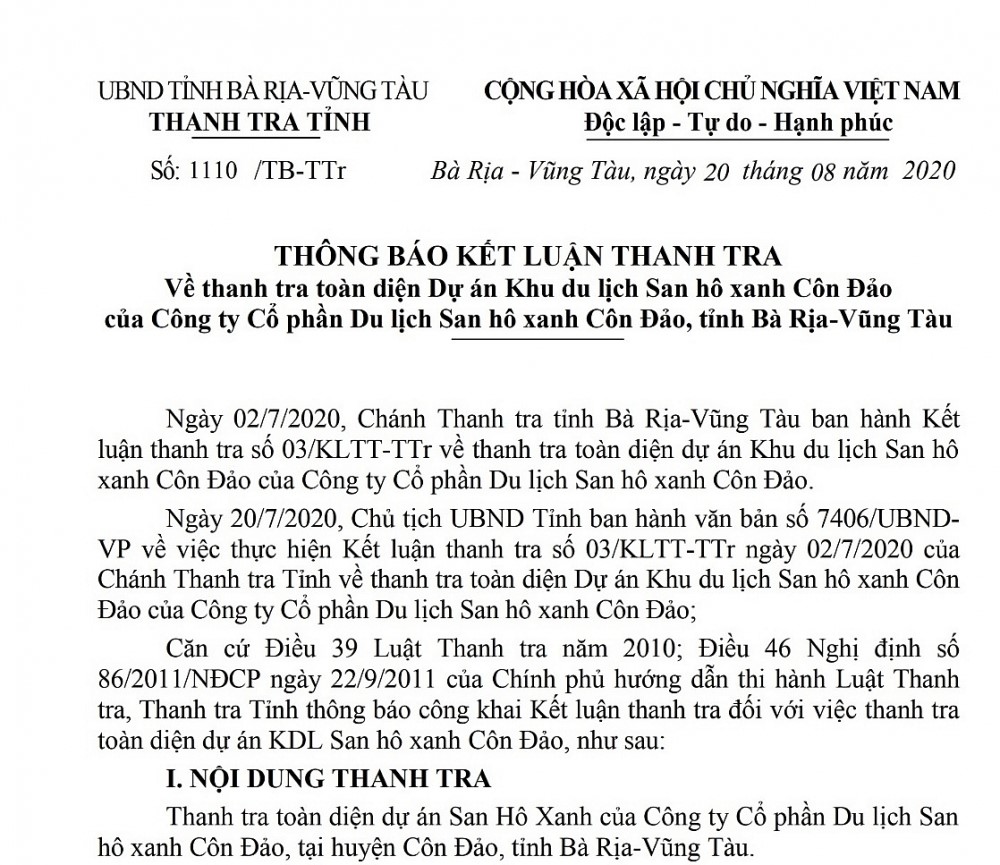 Công ty Cổ phần Du lịch San hô xanh Côn Đảo bị xử phạt - ảnh 1