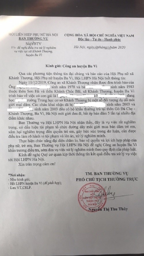 Công văn của Hội LHPN TP Hà Nội gửi Công an huyện Ba Vì đề nghị xác minh, làm rõ vụ việc