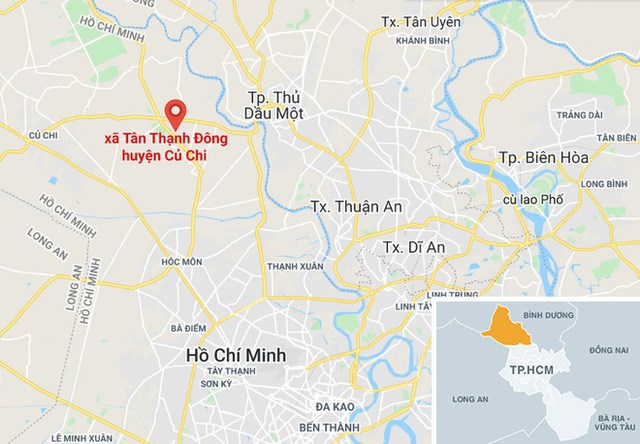 Vụ nổ súng xảy ra tại xã Tân Thạnh Đông, huyện Củ Chi (chấm đỏ)