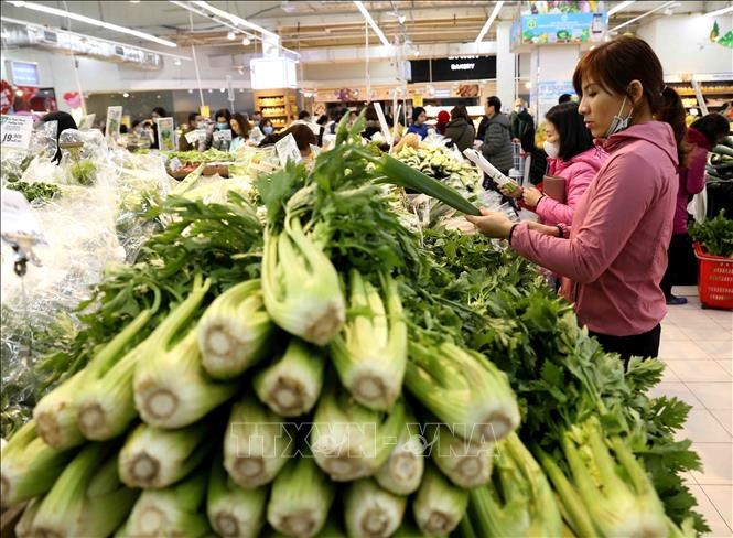 Khách hàng chọn mua hàng rau xanh tại quầy hàng trong siêu thị