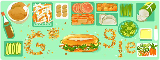 Google Doodle Bánh mì trình bày các nguyên liệu phổ biến kèm theo như chả lụa, thịt heo, patê, bơ và đồ chua cùng tạo nên một ổ bánh mì Việt Nam đặc trưng - Ảnh: GOOGLE
