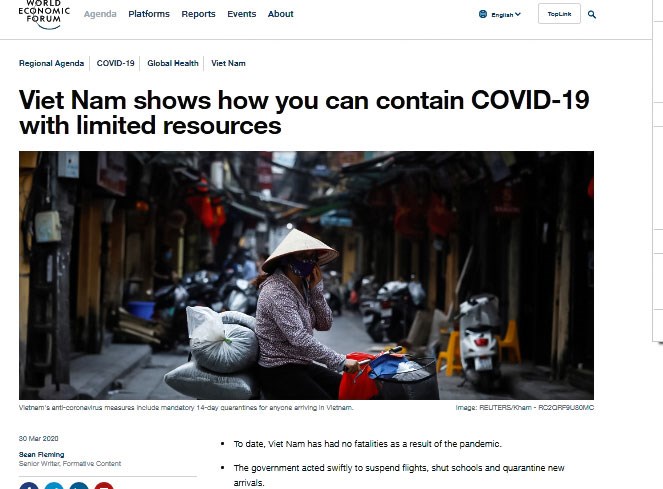 Bài báo đăng trên trang Diễn đàn Kinh tế thế giới đánh giá cao nỗ lực kiểm soát dịch bệnh của Việt Nam.