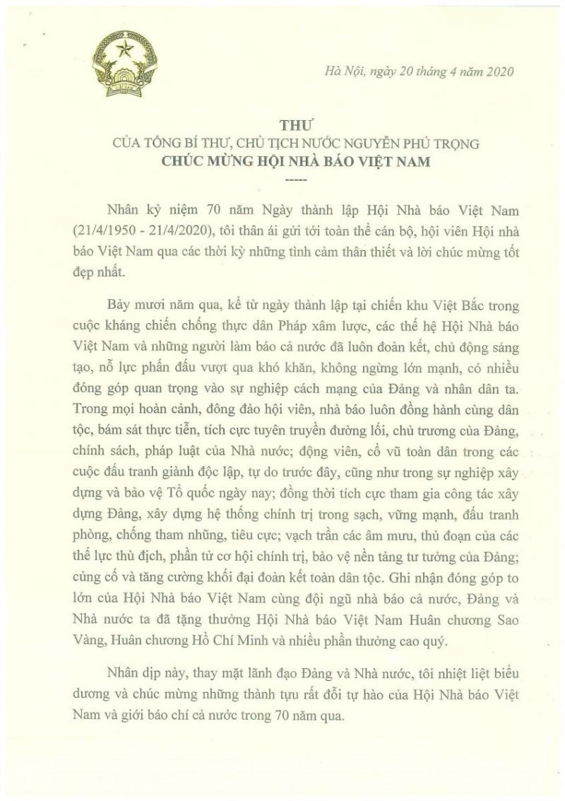 Thư của Tổng Bí thư, Chủ tịch Nước Nguyễn Phú Trọng chúc mừng Hội Nhà báo Việt Nam nhân dịp kỷ niệm 70 năm Ngày thành lập.