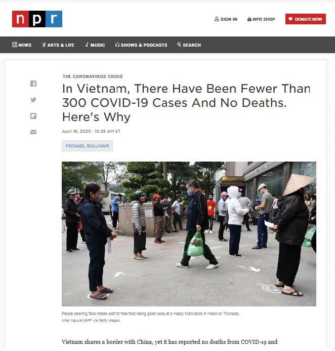 Bài “Tại Việt Nam, số ca mắc Covid-19 ít hơn 300 người và không có ca tử vong. Đây là lý do” trên trang NPR.org. (Ảnh chụp màn hình)