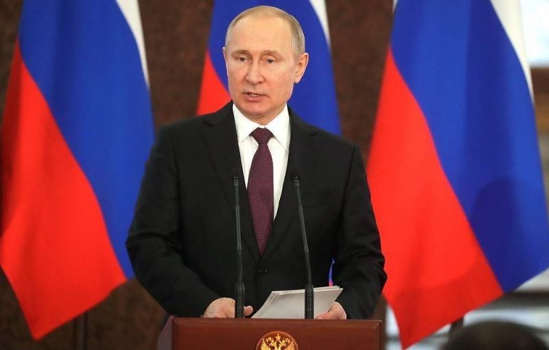 Tổng thống Nga Putin phát biểu chào mừng trong lễ mừng 75 năm Ngày Chiến thắng. Ảnh: TASS