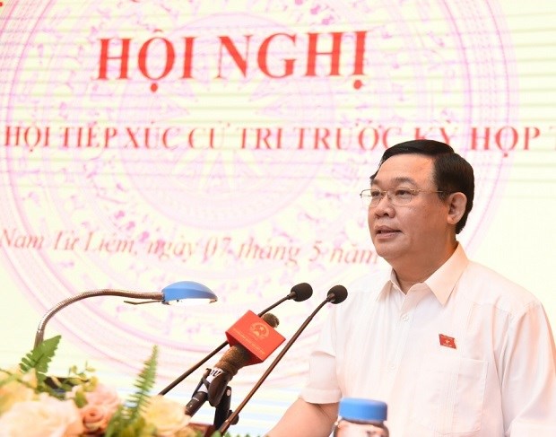 Đồng chí  Vương Đình Huệ- Bí thư Thành ủy Hà Nội phát biểu tại buổi tiếp xúc cử tri quận Nam Từ Liêm (ngày 7/5/2020)