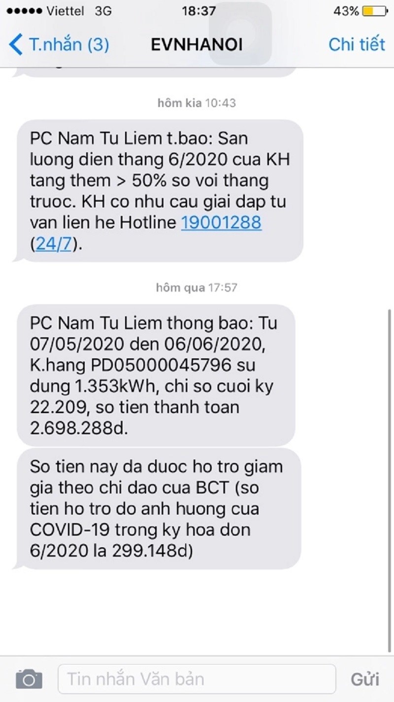 Tin nhắn EVNHANOI gửi đến chị Nguyễn Thị Hoa thông báo sản lượng điện tiêu dùng tăng và số tiền điện được giảm theo gói hỗ trợ Covid-19