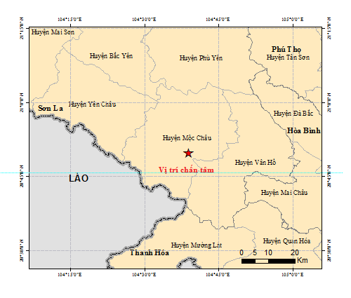 Trận động đất 5,3 độ vừa xảy ra ở Sơn La - Ảnh Google Map