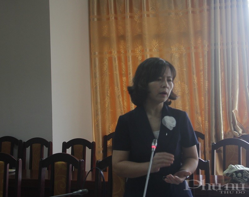 Đồng chí Nguyễn Thị Thanh Tâm - Chủ tịch Hội LHPN huyện Đông Anh giới thiệu  và chia sẻ mô hình sáng tạo trong  hoạt động tập hợp thu hút và hỗ trợ phụ nữ làm việc tại các khu công nghiệp  trên địa bàn