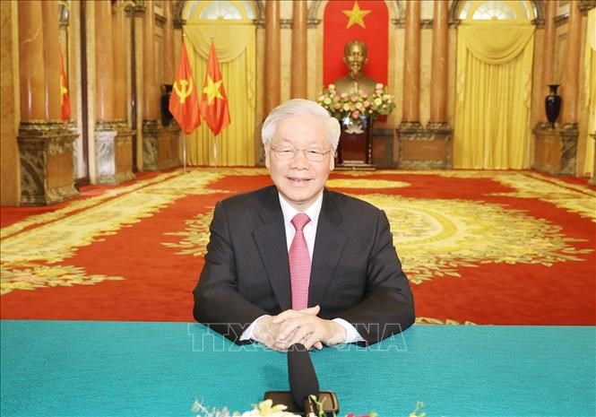 Tổng bí thư, Chủ tịch nước Việt Nam Nguyễn Phú Trọng trong thông điệp gửi tới Đại hội đồng Liên Hiệp Quốc qua video chiều 24-9 (theo giờ New York) - Ảnh: TTXVN