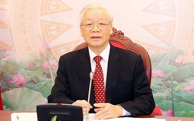 Tổng Bí thư, Chủ tịch nước Nguyễn Phú Trọng điện đàm trực tiếp với Tổng Bí thư, Chủ tịch nước Trung Quốc Tập Cận Bình. Ảnh: TTXVN