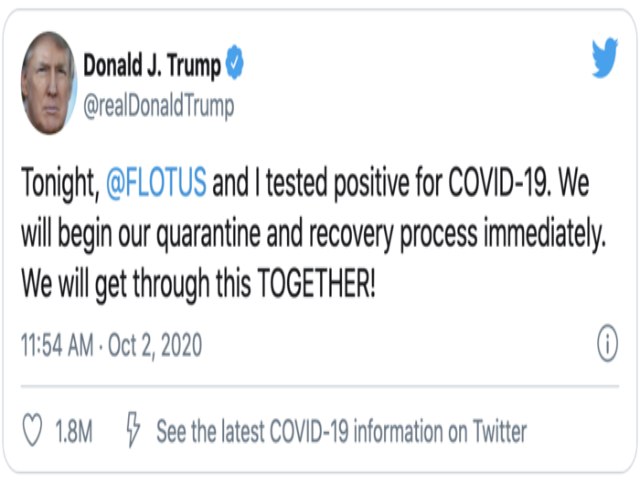 Bài đăng xác nhận mình và vợ - Đệ nhất phu nhân Melania Trump - có kết quả xét nghiệm dương tính với COVID-19 của Tổng thống Donald Trump đã nhanh chóng gây bão. (Ảnh chụp màn hình)