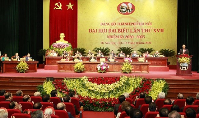 Toàn cảnh Đại hội đại biểu Đảng bộ TP Hà Nội lần thứ XVII nhiệm kỳ 2020-2025.