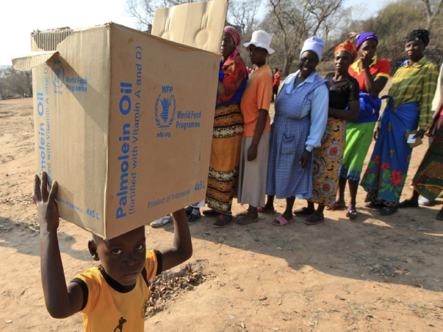 Một em bé mang theo thùng hàng cứu trợ từ Chương trình Lương thực Thế giới của Liên hợp quốc (WFP) ở Mwenezi, Zimbabwe.