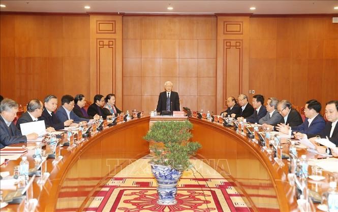Một phiên họp của Tiểu ban Văn kiện Đại hội XIII dưới sự chủ trì của Tổng Bí thư, Chủ tịch nước Nguyễn Phú Trọng, Trưởng Tiểu ban Văn kiện.