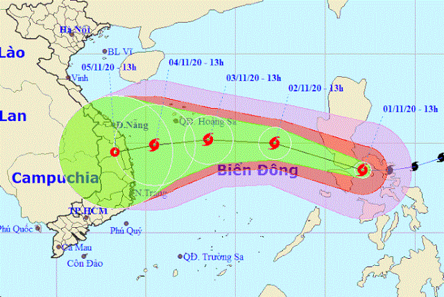 Dự báo vị trí và hướng di chuyển của bão Goni - Nguồn: Trung tâm Dự báo khí tượng thủy văn quốc gia.
