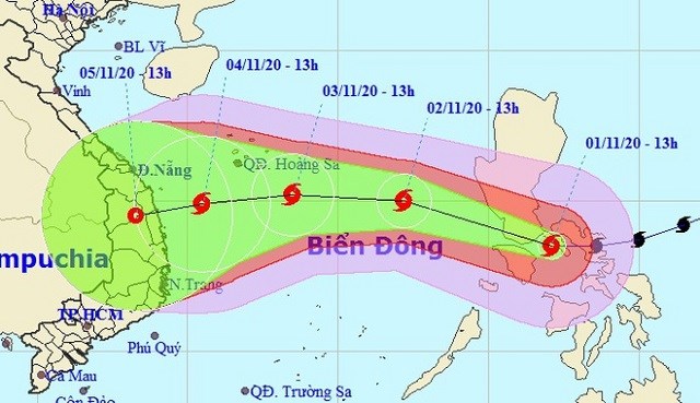 Hướng di chuyển của bão Goni không ổn định khi vào Biển Đông. Ảnh: NCHMF.