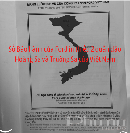Sổ Bảo hành của Ford in thiếu 2 quần đảo Hoàng Sa và Trường Sa của Việt Nam