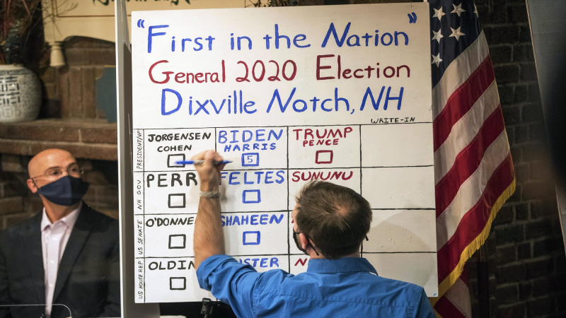 Một người đàn ông đang kiểm tra số phiếu bầu tại Dixville Notch, nơi ứng cử viên tổng thống đảng Dân chủ Joe Biden đã chiến thắng giòn dã với tất cả năm phiếu bầu. (Ảnh AP / Scott Eisen)