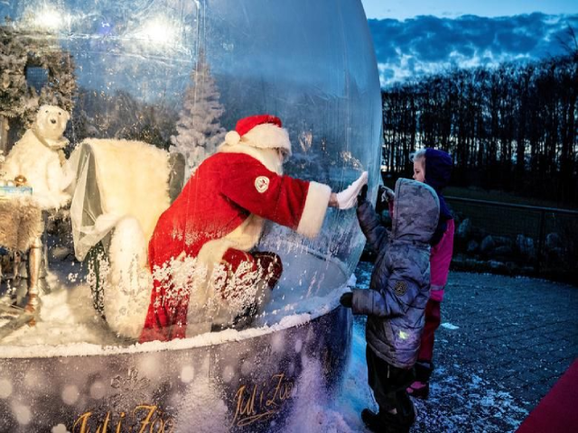 Ông già Noel, ngồi bên trong một bong bóng tại Vườn thú Aalborg (ĐanMạch) và giao lưu với trẻ em qua lớp kính.