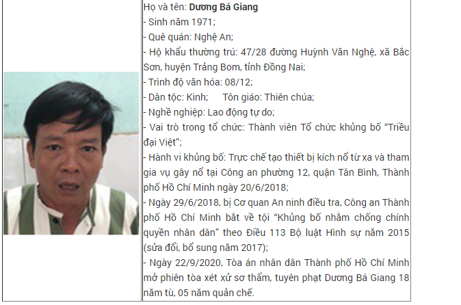 Dương Bá Giang - một trong những đối tượng của tổ chức khủng bố Triều đại Việt đã trực tiếp tham gia vụ gây nổ tại Công an Phường 12, quận Tân Bình, TPHCM tháng 6/2018. Ảnh: Cổng TTĐT Bộ Công an