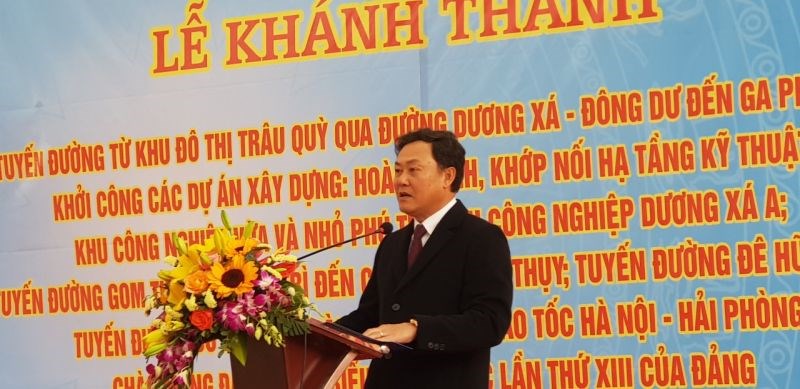Bí thư Huyện ủy, Chủ tịch UBND huyện Gia Lâm Lê Anh Quân phát biểu