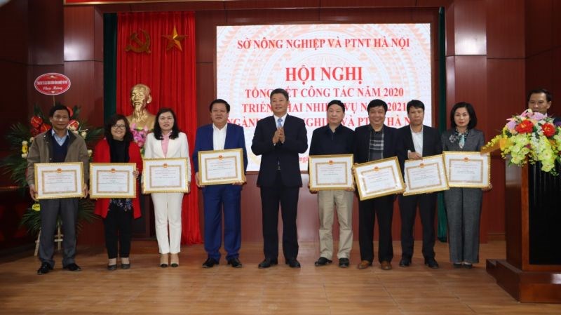 Phó Chủ tịch UBND thành phố Hà Nội Nguyễn Mạnh Quyền trao thưởng cho các cá nhân, tập thể.