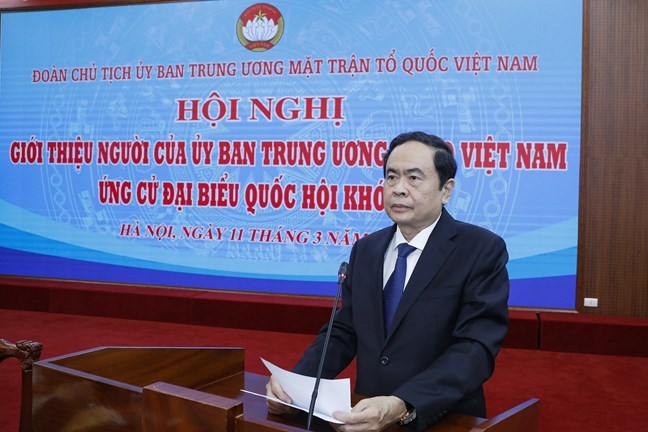 Chủ tịch Ủy ban Trung ương MTTQ Việt Nam Trần Thanh Mẫn phát biểu tại hội nghị. Ảnh: mattran.org.vn