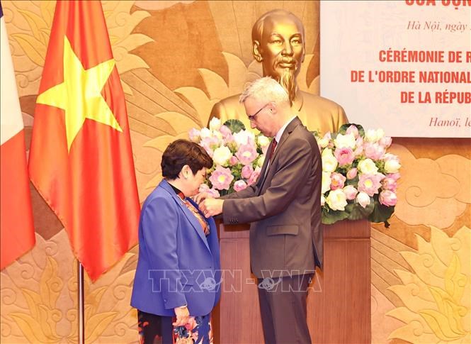 Đại sứ Đặc mệnh toàn quyền Cộng hòa Pháp tại Việt Nam Nicolas Warnery trao Huân chương Bắc Đẩu Bội tinh của Cộng hòa Pháp cho bà Nguyễn Thúy Anh. Ảnh: Trọng Đức/TTXVN
