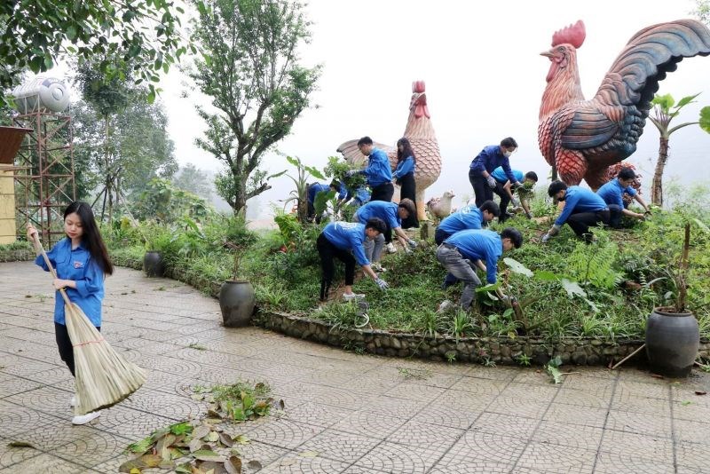 Đoàn viên thanh niên tỉnh Phú Thọ vệ sinh môi trường và trồng cây xanh hưởng ứng tháng thanh niên 2021. Ảnh: Trung Kiên/TTXVN