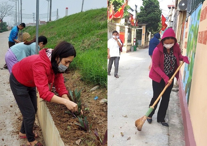 Hội viên phụ nữ xã Hồng Hà (bên trái) và Phương Đình (bên phải) tham gia trồng hoa, chỉnh trang đường làng ngõ xóm