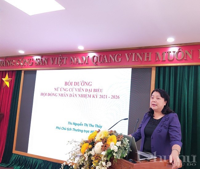 Đồng chí Nguyễn Thị Thu Thủy - Phó Chủ tịch Thường trực Hội LHPN Hà Nội hướng dẫn những kỹ năng cần thiết để giúp nữ ứng cử viên tự tin  và xây dựng chương trình hành động phù hợp