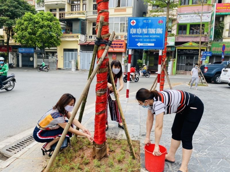 Các chị Hội LHPN quận Ba Đình cùng nhau chăm sóc  cây