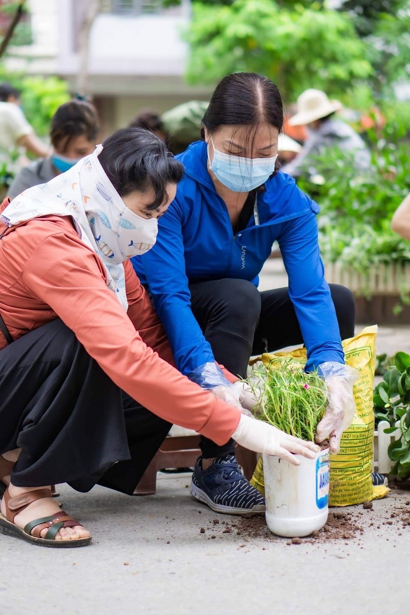 Việc chị em hội viên phụ nữ sử dụng đồ tái chế để trồng hoa, cây xanh góp phần bảo vệ môi trường