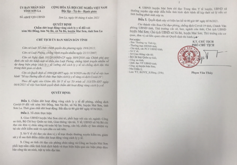 Quyết định của UBND tỉnh Sơn La về việc chấm dứt hoạt động vùng cách ly y tế đối với xóm Mỏ Đồng