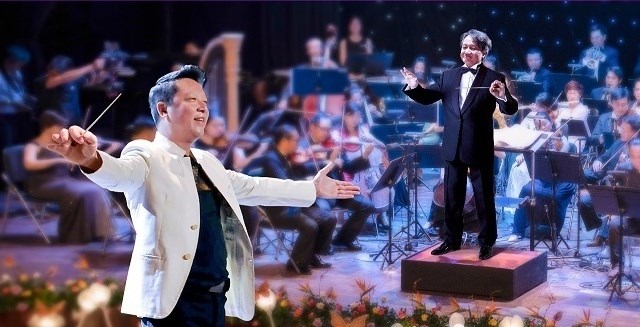 Nhạc trưởng Lê Phi Phi (trái) và nghệ sĩ ưu tú Vương Thạch (phải) lần đầu biểu diễn trực tuyến lúc 20h ngày 27/06 trên VTV1