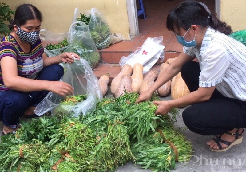 Chị em hội viên phụ nữ quận Hoàng mai phân loại rau xanh trước khi gửi tới các sạp 