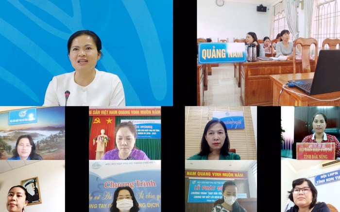Chủ tịch Hội LHPN Việt Nam Hà Thị Nga (trái ảnh hàng trên) làm việc trực tuyến với lãnh đạo Hội LHPN các tỉnh, thành cụm Tây Nguyên và Duyên Hải miền Trung và TP Đà Nẵng
