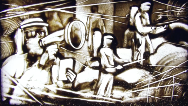 Nghệ sĩ Trí Đức thể hiện tác phẩm tranh cát trên nền nhạc ca khúc “Thank you - những chiến binh thầm lặng” (sáng tác Phạm Việt Hoàng).