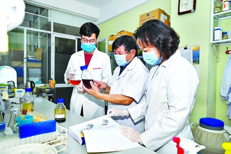 PGS.TS Lê Quang Huấn (giữa) cùng các cộng sự nghiên cứu thuốc Vipdervir.
