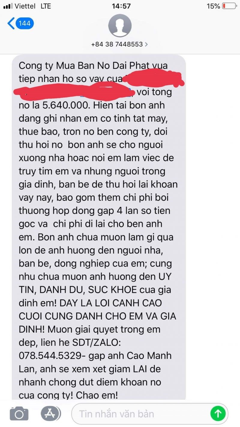 Tin nhắn đe dọa mà chị Trang nhận được khi chậm trả nợ cho ứng dụng vay tiền online