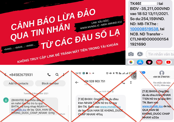 Các tin nhắn mạo danh Bảo hiểm Xã hội Việt Nam để lừa đảo, chiếm đoạt tài sản.