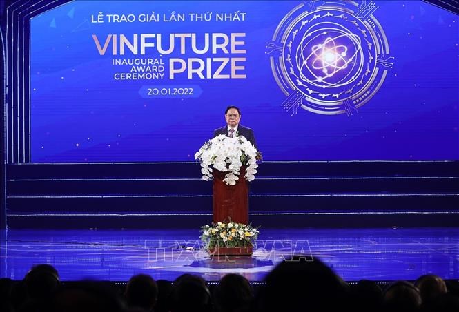 Thủ tướng Phạm Minh Chính phát biểu tại Lễ trao giải thưởng VinFuture. Ảnh: Dương Giang/TTXVN