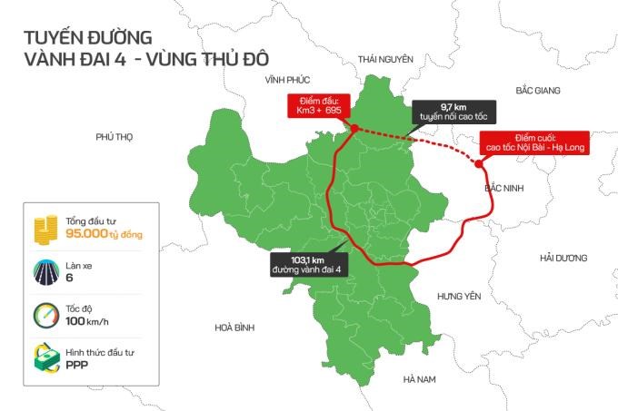 Đường Vành đai 4 vùng Thủ đô đi qua địa phận ba tỉnh, thành là Hà Nội, Hưng Yên và Bắc Ninh