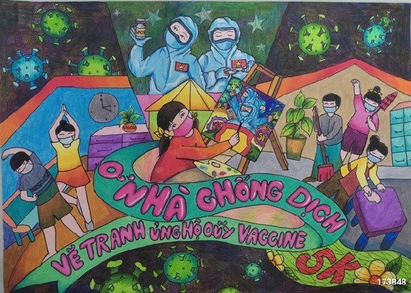 Tác phẩm “Ở nhà chống dịch vẽ tranh ủng hộ quỹ vắc xin” của em Trần Lê Hồng Uyên (Lớp 7, Đồng Tháp) lan toả tinh thần chống dịch đến khắp mọi nhà