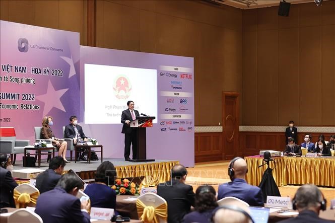 Thủ tướng Phạm Minh Chính phát biểu tại Hội nghị Thượng đỉnh Kinh doanh Việt Nam-Hoa Kỳ. Ảnh: Dương Giang/TTXVN