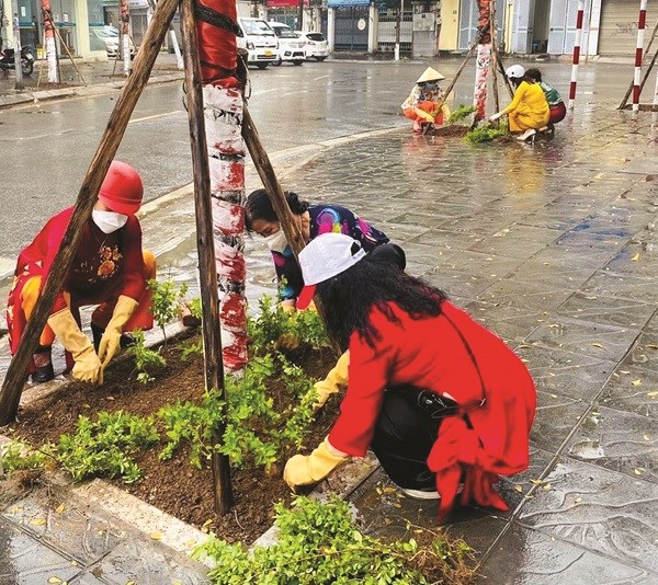 Cán bộ hội viên phụ nữ quận Ba Đình tham gia hưởng ứng công trình “Phủ xanh gốc cây” do Hội LHPN quận Ba Đình triển khai năm 2022